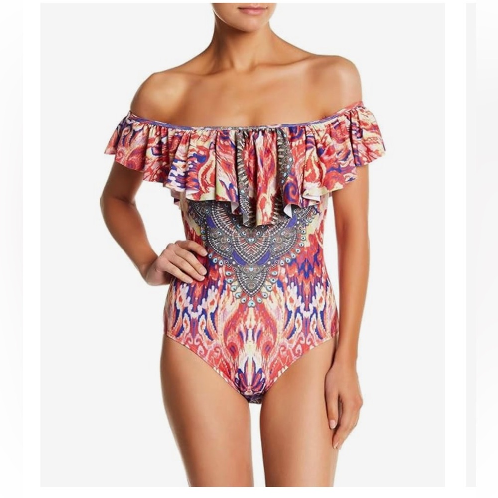 La Moda True Colours Off The Shoulder ruffle one piece Swimsuit Size M